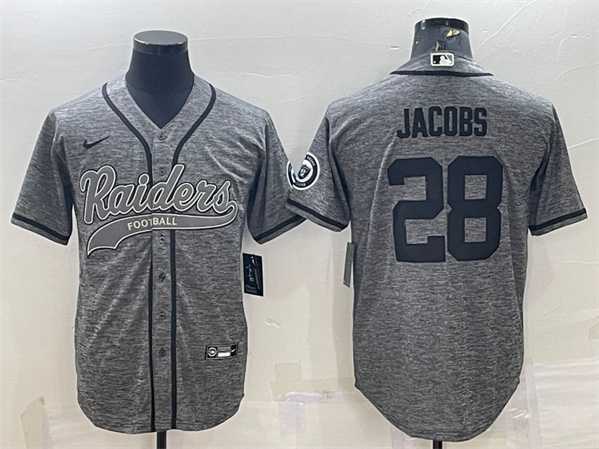 Mens Las Vegas Raiders #28 Josh Jacobs Gray With Patch Cool Base Stitched Baseball Jersey->las vegas raiders->NFL Jersey